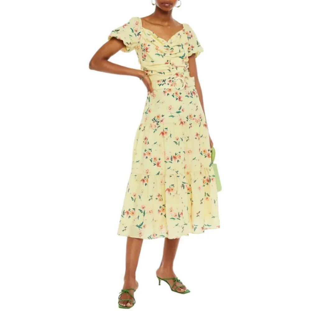 💕PALOMA BLUE💕 Evie Gathered Floral-Print Crepe Midi Dress Yellow Medium M NWOT - Picture 2 of 16